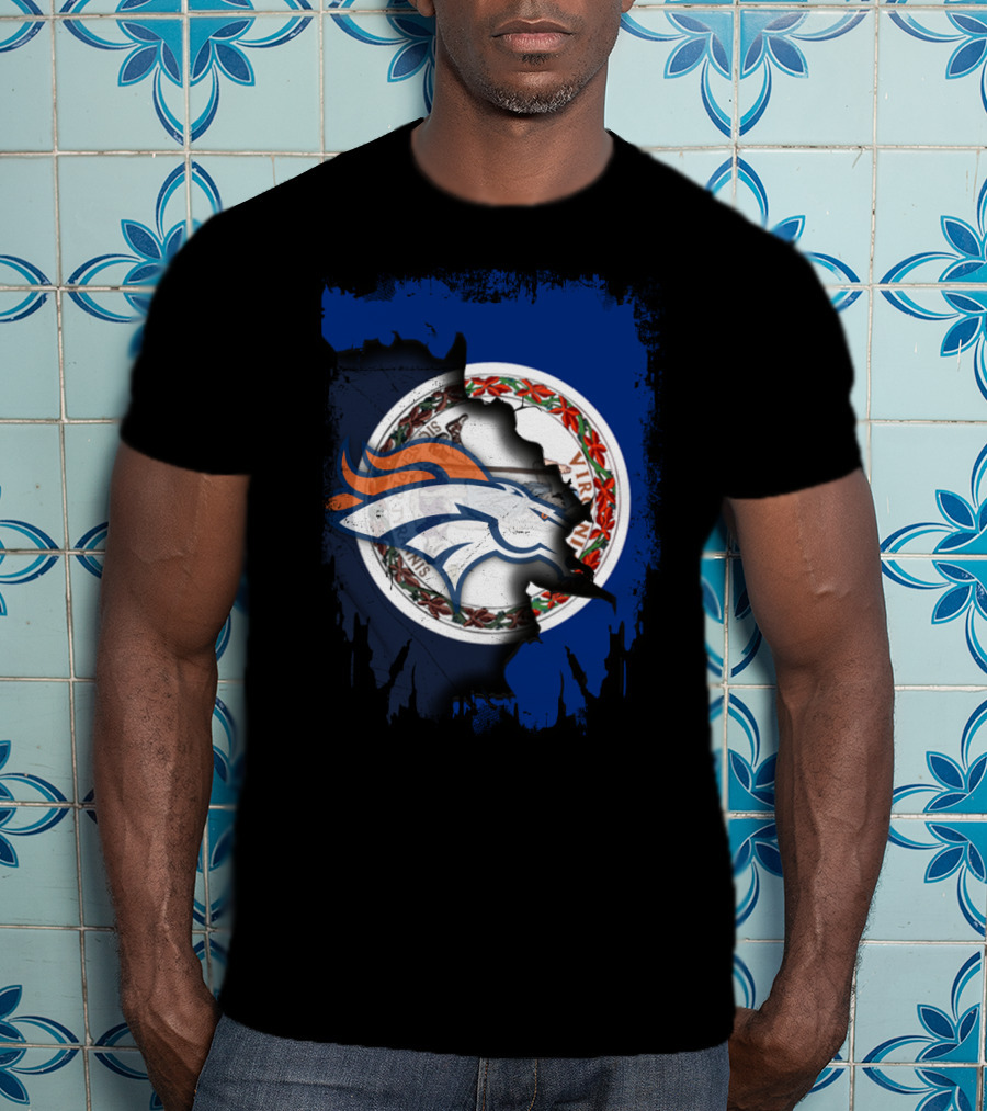 Together Virginia With Broncos Logo Over State Flag T-Shirt