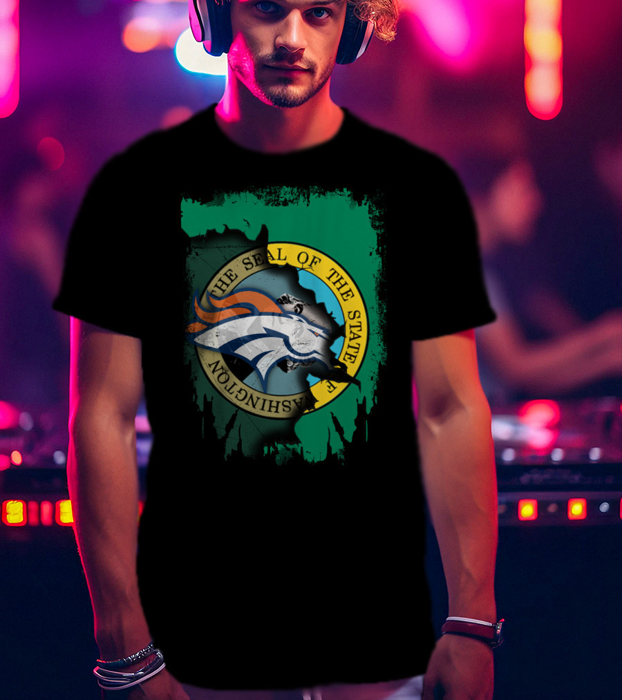 The Seal Of The State Of Washington With Broncos Logo Fusion T-Shirt