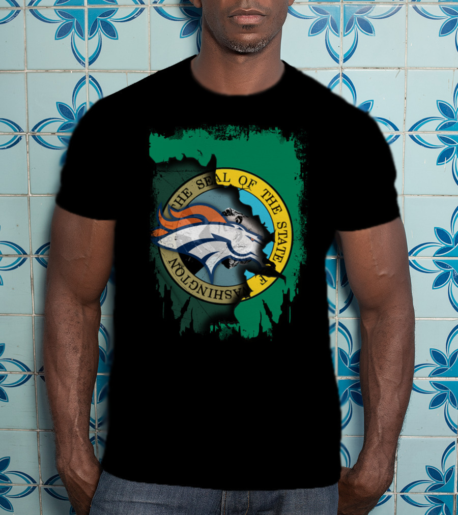 The Seal Of The State Of Washington With Broncos Logo Fusion T-Shirt