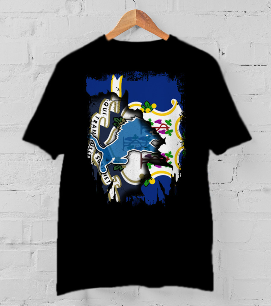 Connecticut State Flag With Detroit Lions Logo Fusion T-Shirt