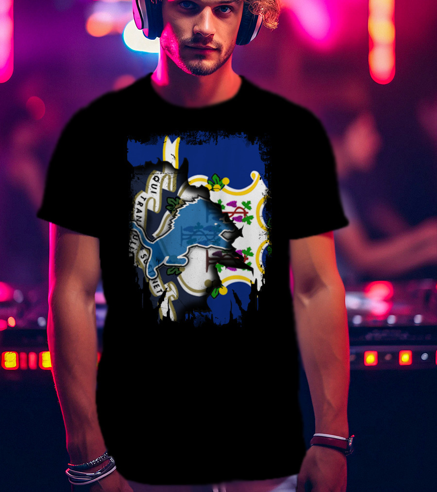 Connecticut State Flag With Detroit Lions Logo Fusion T-Shirt