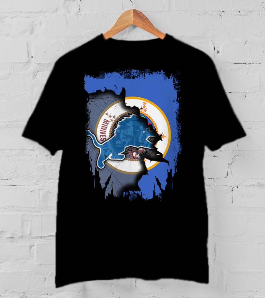 Minnesota State Flag With Detroit Lions Logo Together T-Shirt