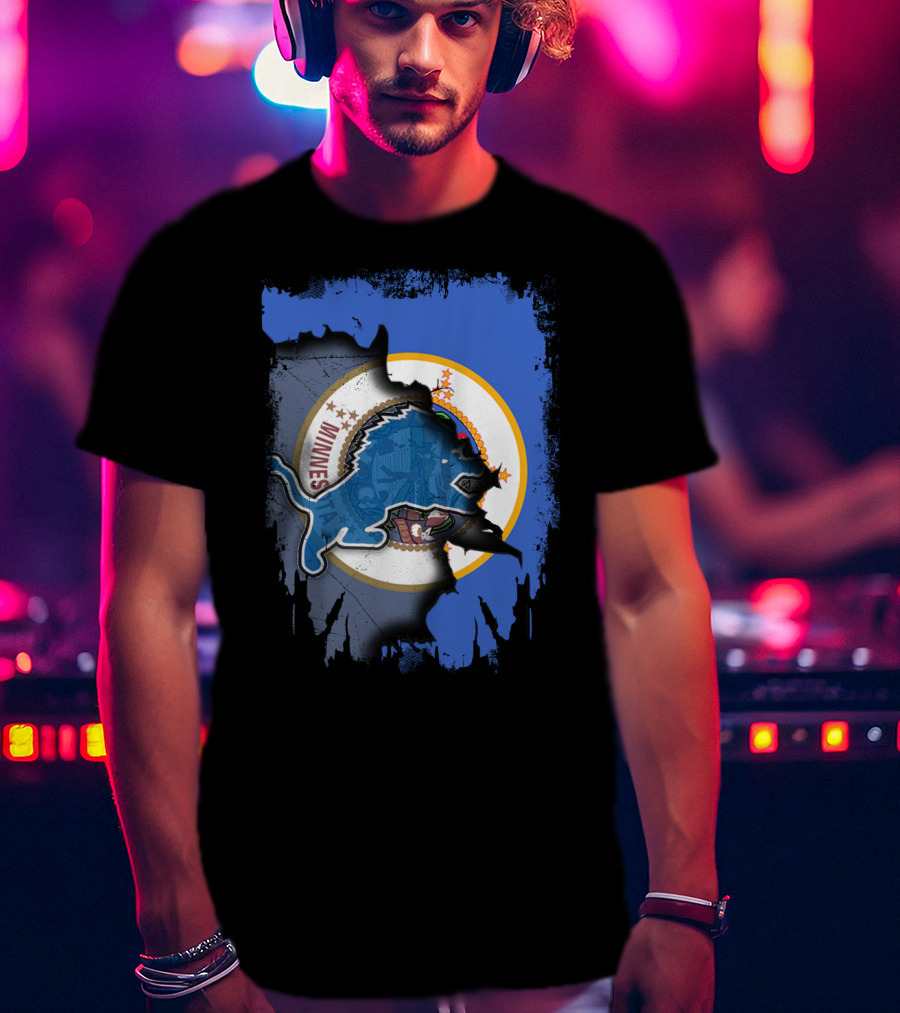Minnesota State Flag With Detroit Lions Logo Together T-Shirt
