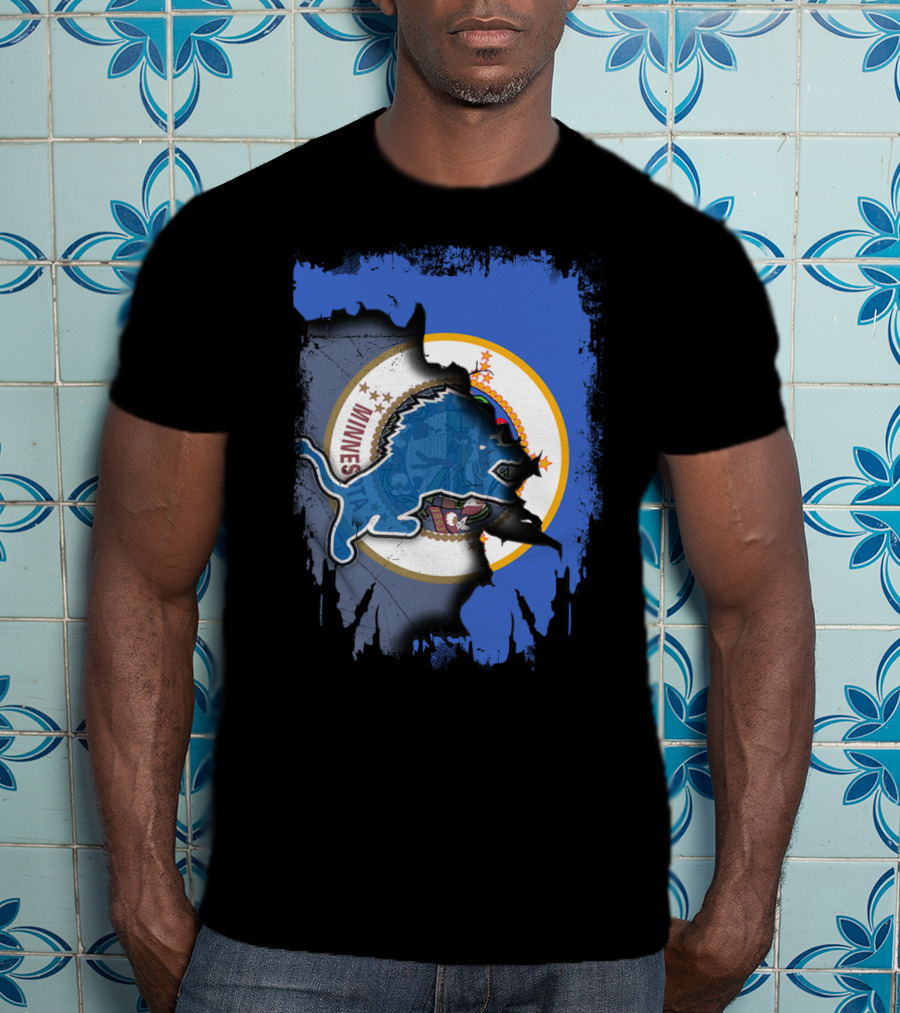 Minnesota State Flag With Detroit Lions Logo Together T-Shirt