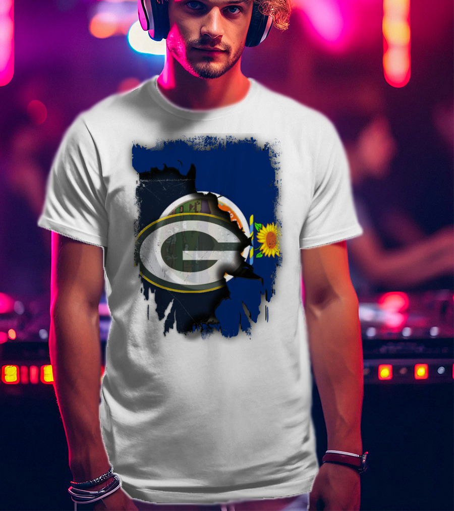 Kansas State Flag With Green Bay Packers Logo And Sunflower T-Shirt
