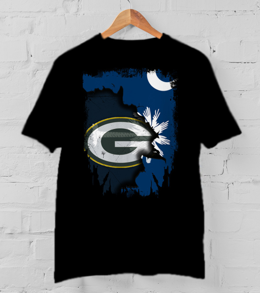 South Carolina And Packers Logo Blend With Crescent Moon And Palmetto Tree T-Shirt