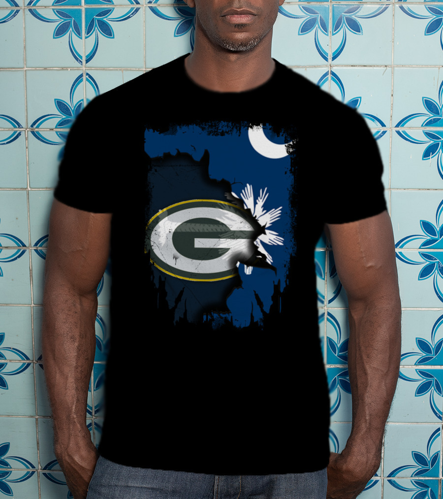South Carolina And Packers Logo Blend With Crescent Moon And Palmetto Tree T-Shirt