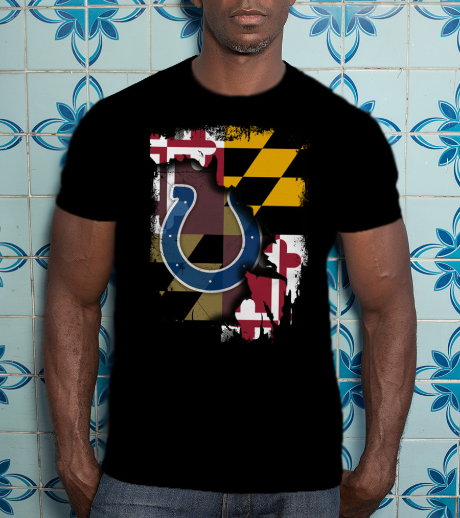 Maryland Flag With Colts Horseshoe NFL T-Shirt
