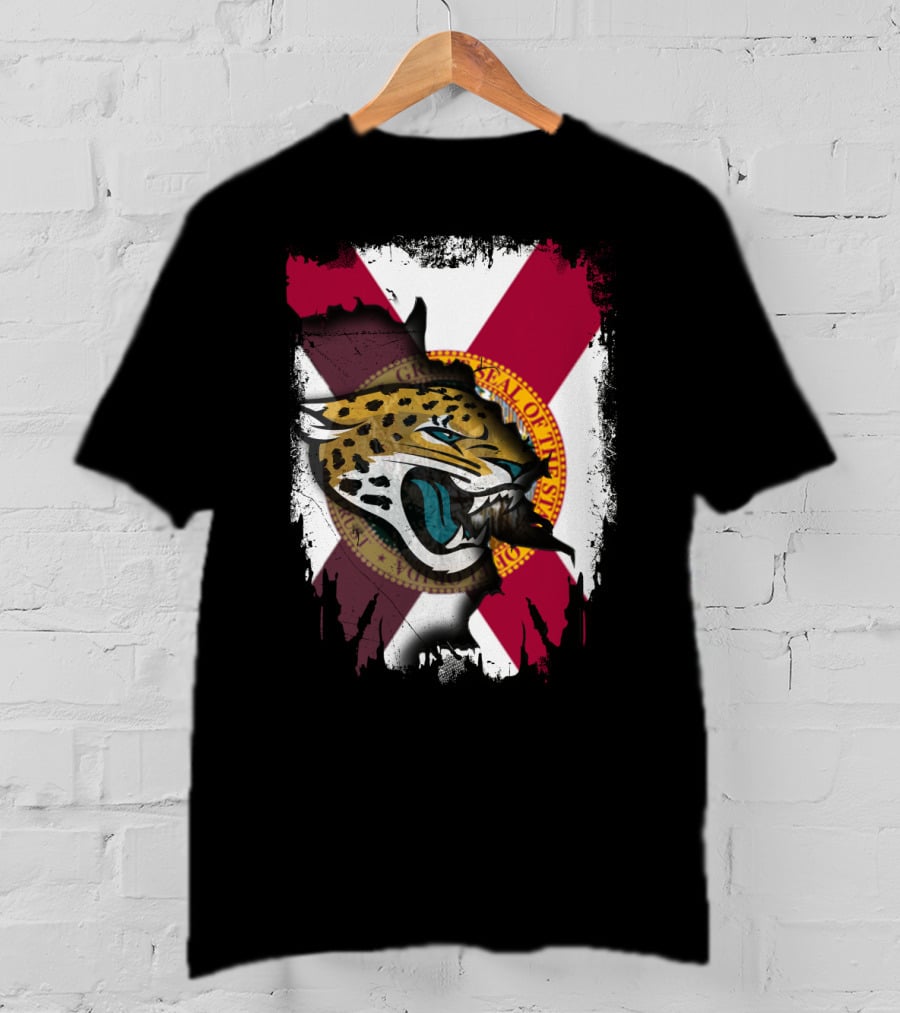 Florida State Flag With Jaguars Roaring Emblem Together T-Shirt
