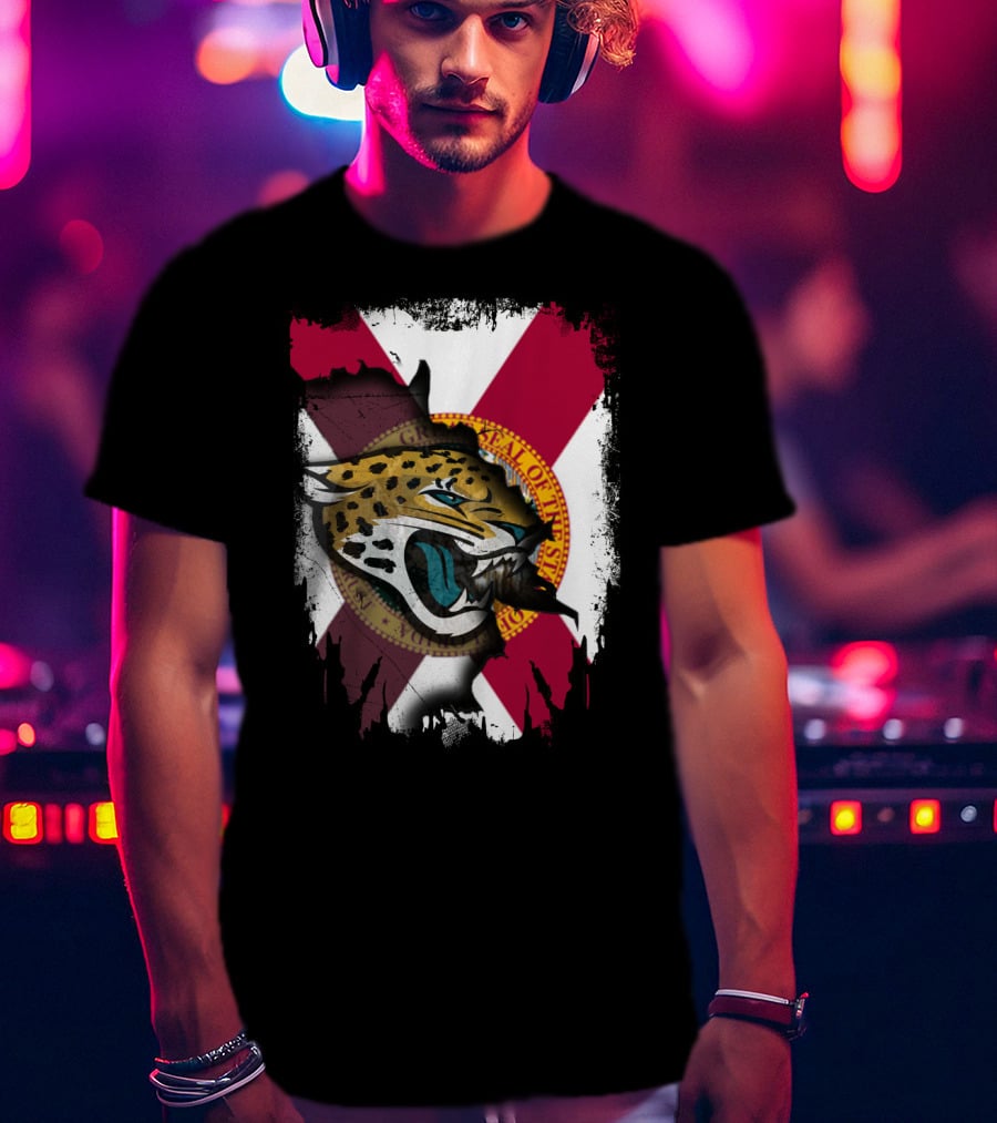 Florida State Flag With Jaguars Roaring Emblem Together T-Shirt