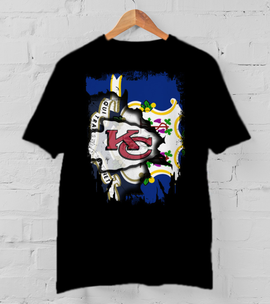 Connecticut State Flag With Kansas City Chiefs Logo Fusion T-Shirt