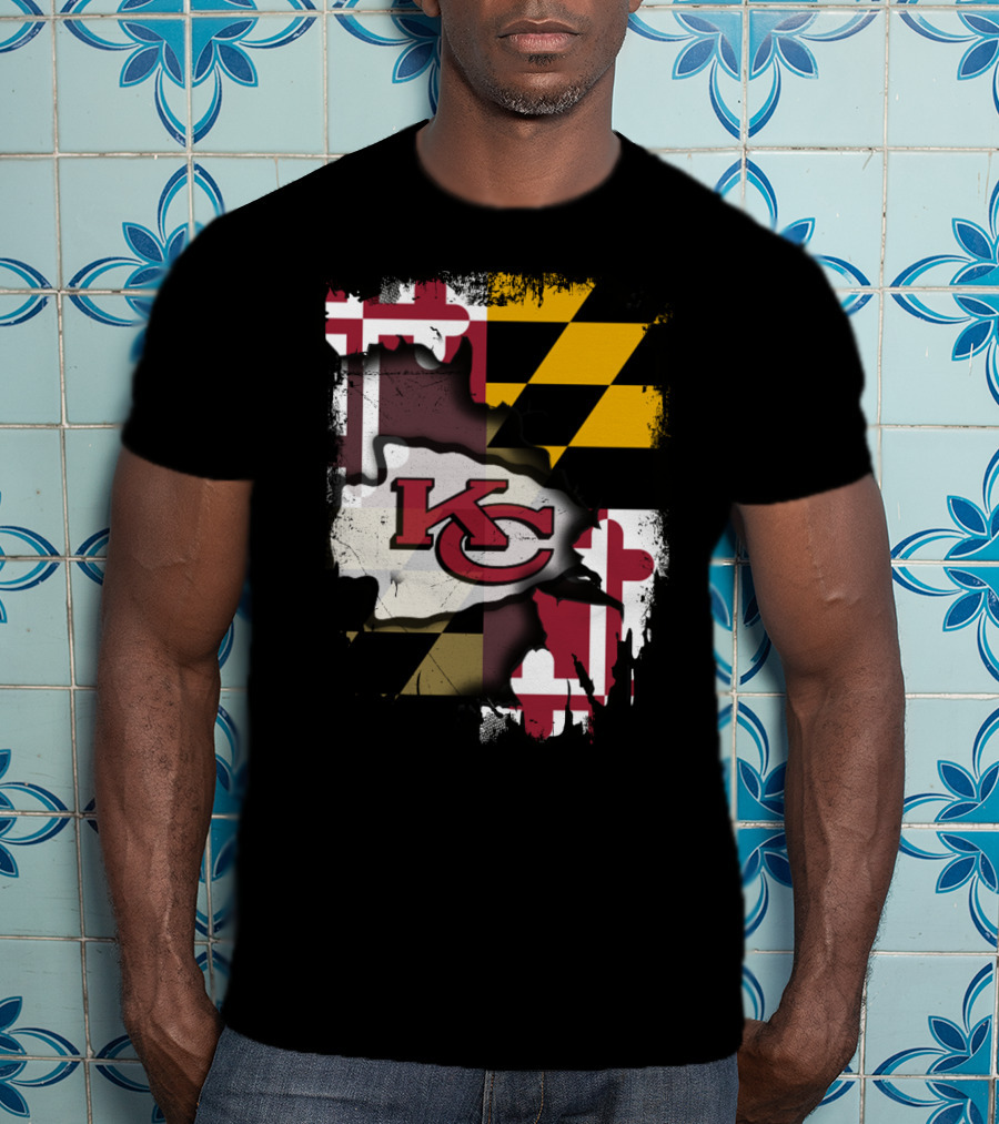 Maryland Flag With KC Chiefs Logo Background T-Shirt