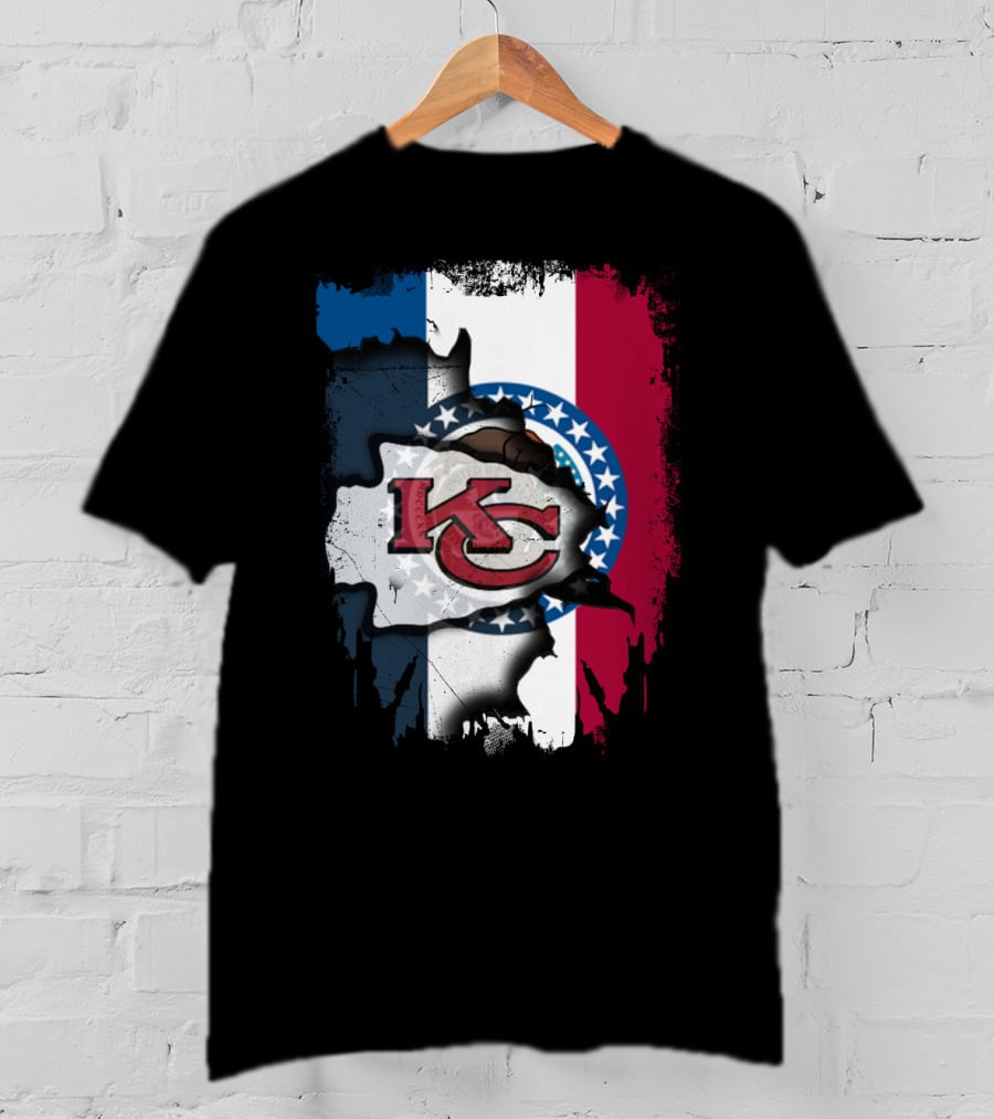 KC Chiefs Logo On Torn Missouri Flag Design Together T-Shirt