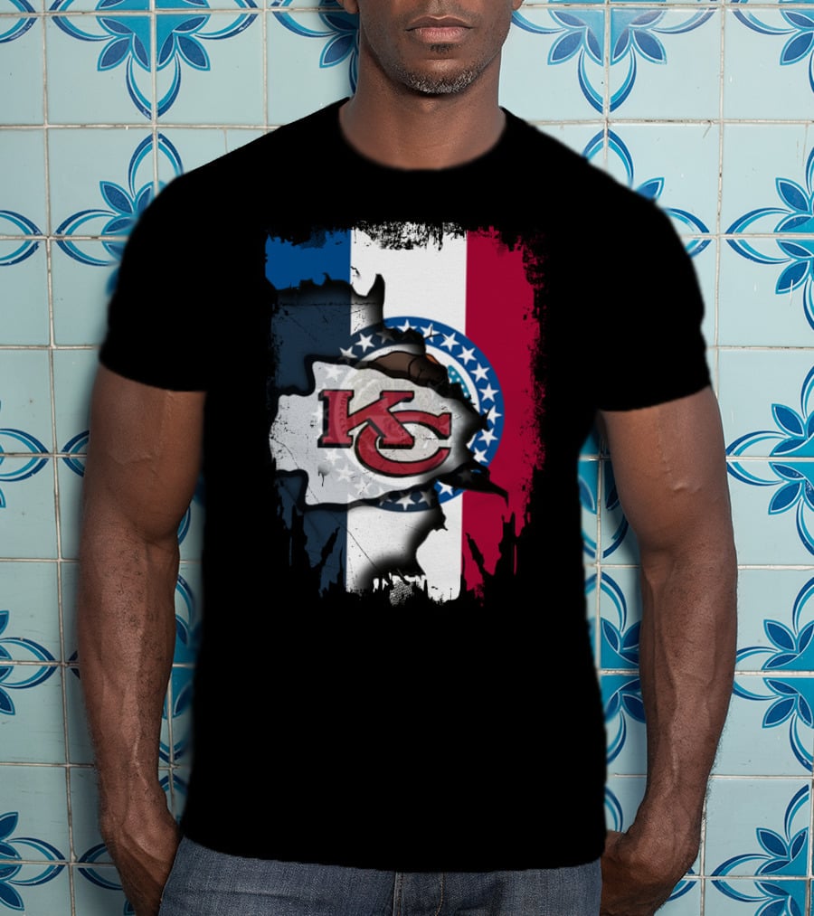 KC Chiefs Logo On Torn Missouri Flag Design Together T-Shirt