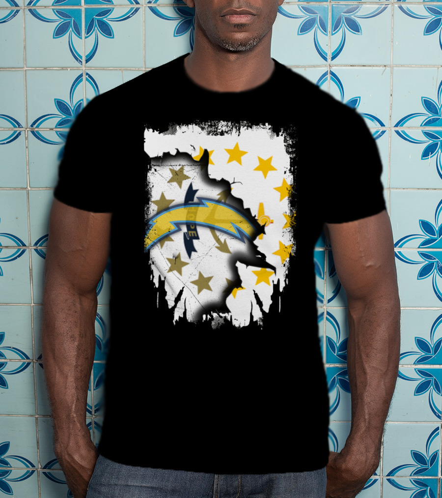Rhode Island Map With Chargers Logo And Stars T-Shirt