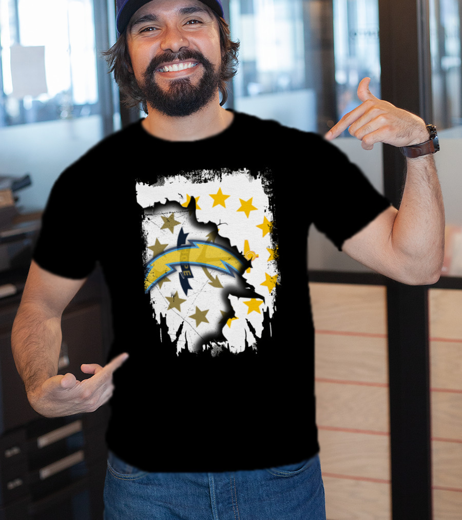 Rhode Island Map With Chargers Logo And Stars T-Shirt