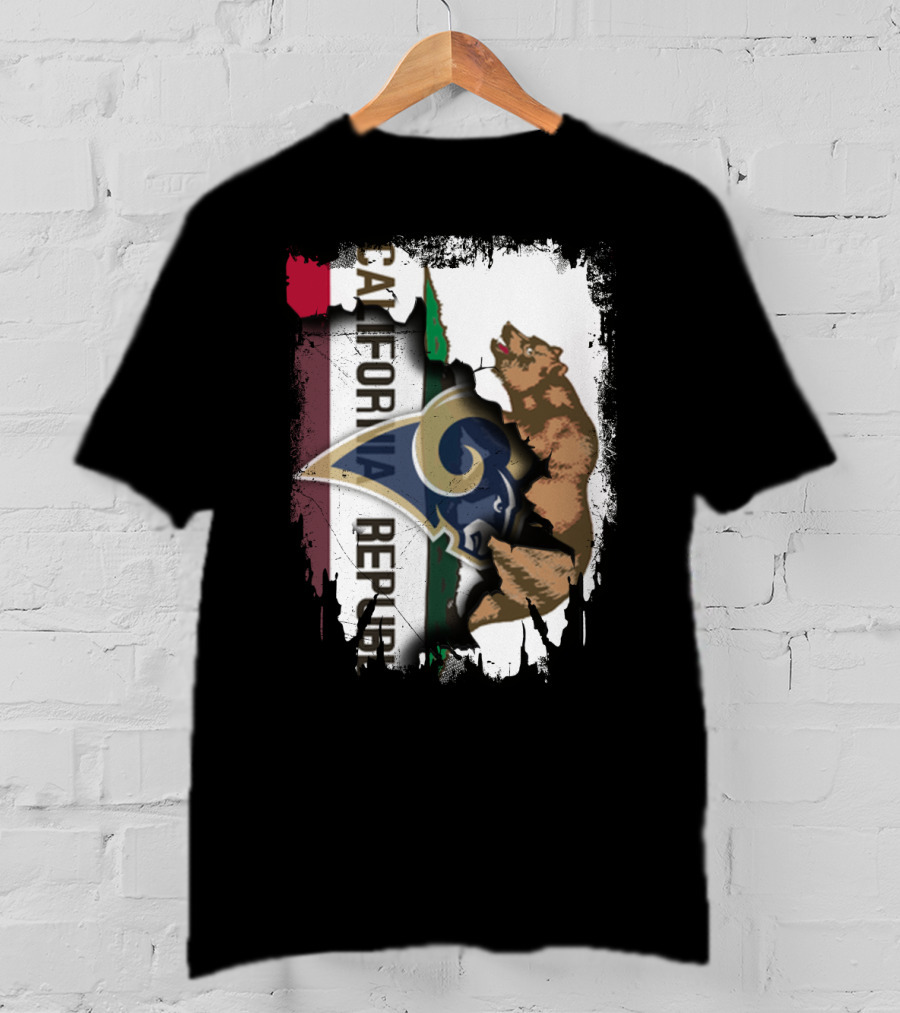 California Republic With Rams Logo Featuring Bear And State Flag T-Shirt