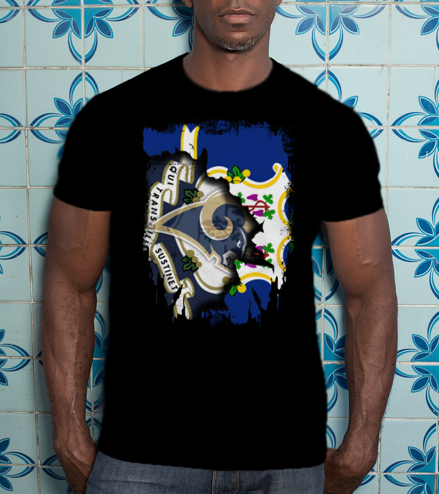 Connecticut Flag And Rams Logo Overlap Qui Transtulit Sustinet T-Shirt