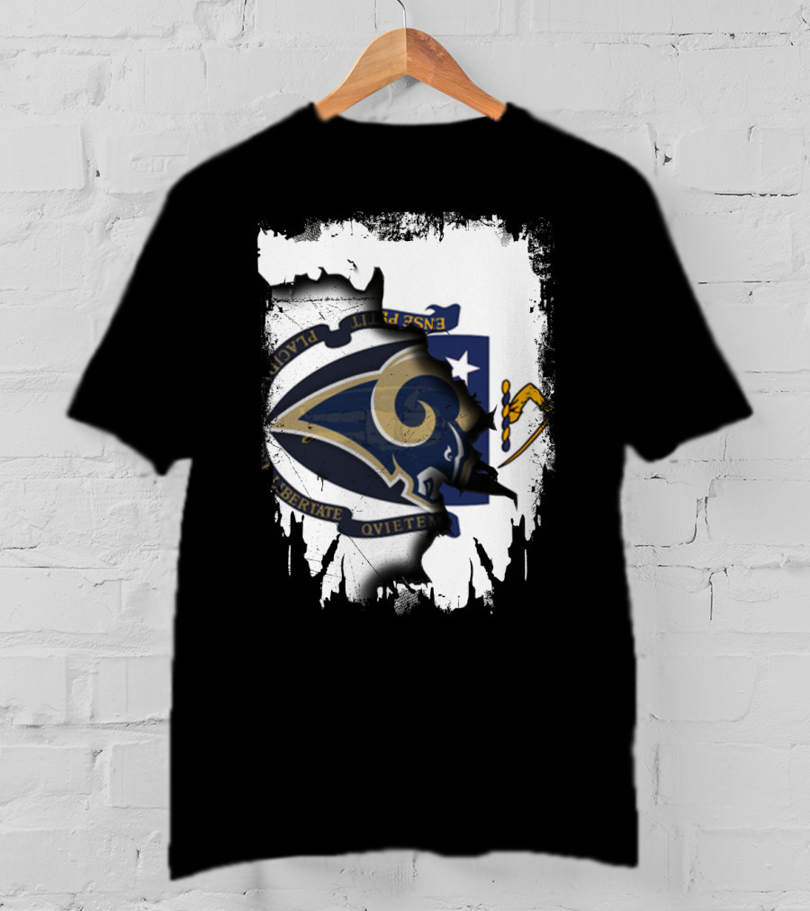 Massachusetts Together With Rams Logo Inside Torn Flag T-Shirt