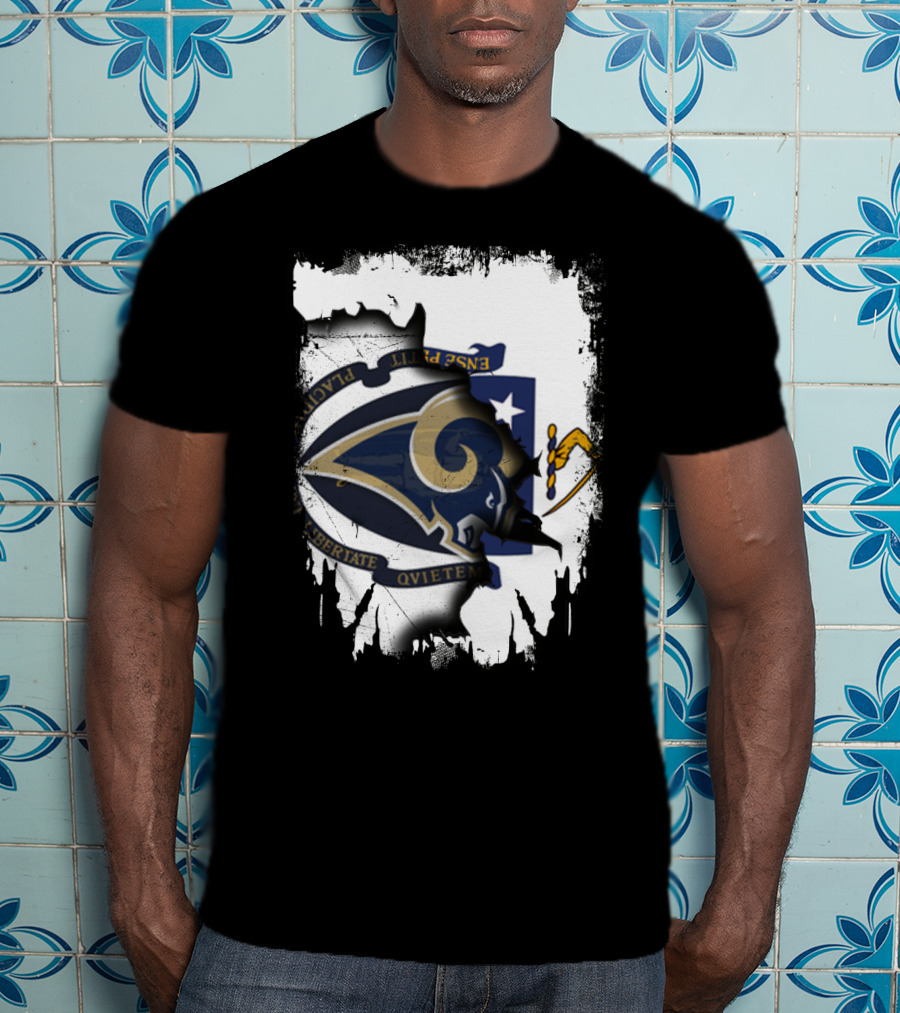 Massachusetts Together With Rams Logo Inside Torn Flag T-Shirt