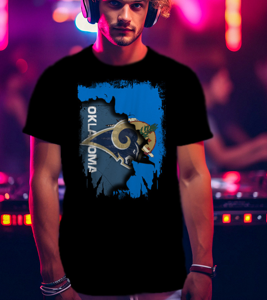 Oklahoma Map Overlay With Rams Symbol And State Elements T-Shirt