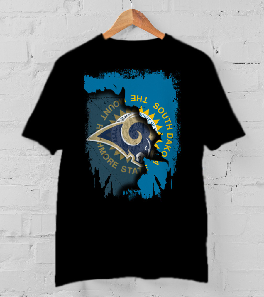 South Dakota State Outline With Rams And Mount Rushmore State Text T-Shirt
