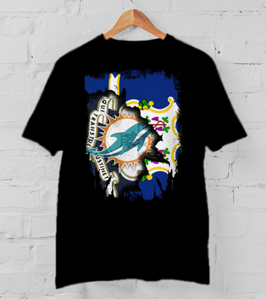 Connecticut State Flag Merged With Miami Dolphins T-Shirt