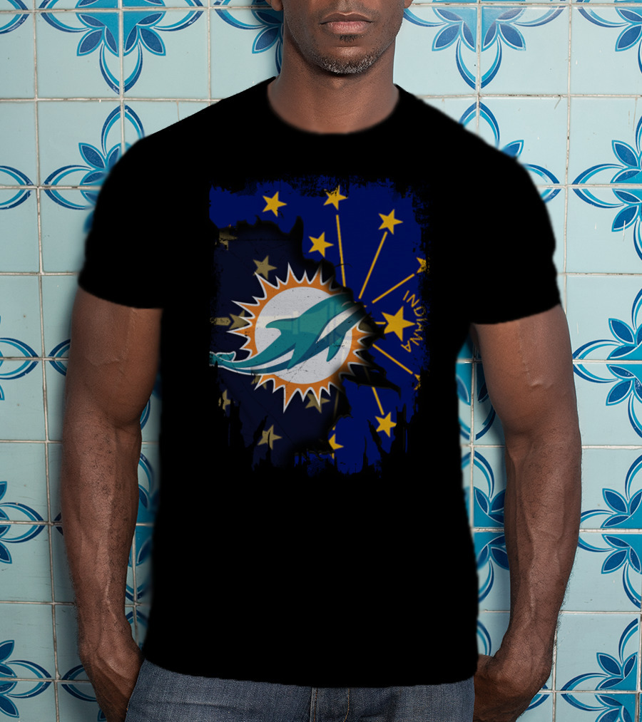 Indiana State Stars With Miami Dolphins Logo Fusion T-Shirt