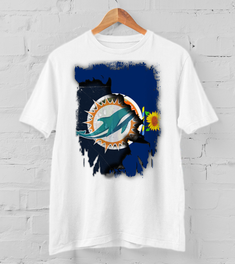 Kansas Flag With Miami Dolphins Logo And Sunflower T-Shirt