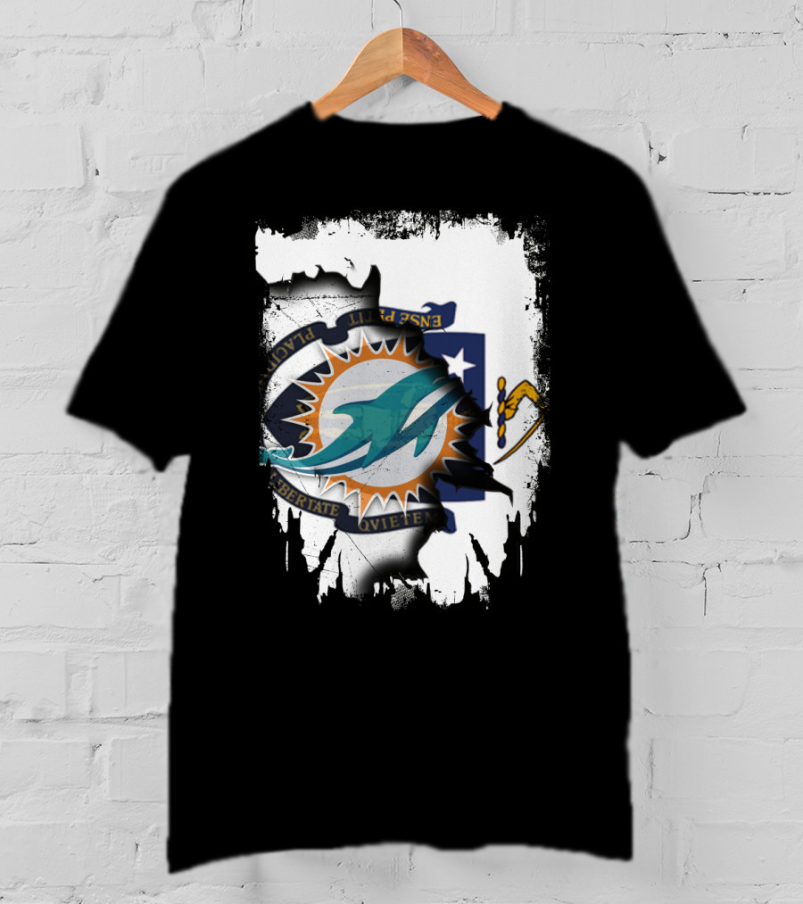 Massachusetts State Crest With Miami Dolphins Logo Integration T-Shirt