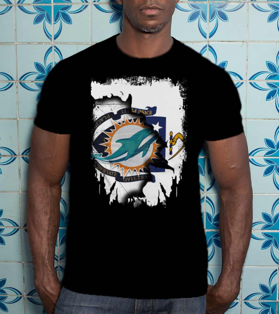 Massachusetts State Crest With Miami Dolphins Logo Integration T-Shirt