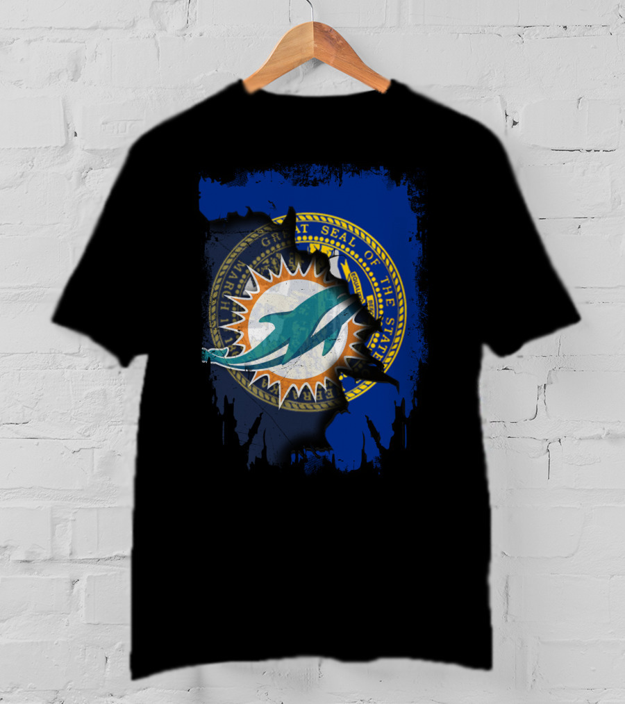 Great Seal Of Nebraska Meets Miami Dolphins Logo Composition T-Shirt