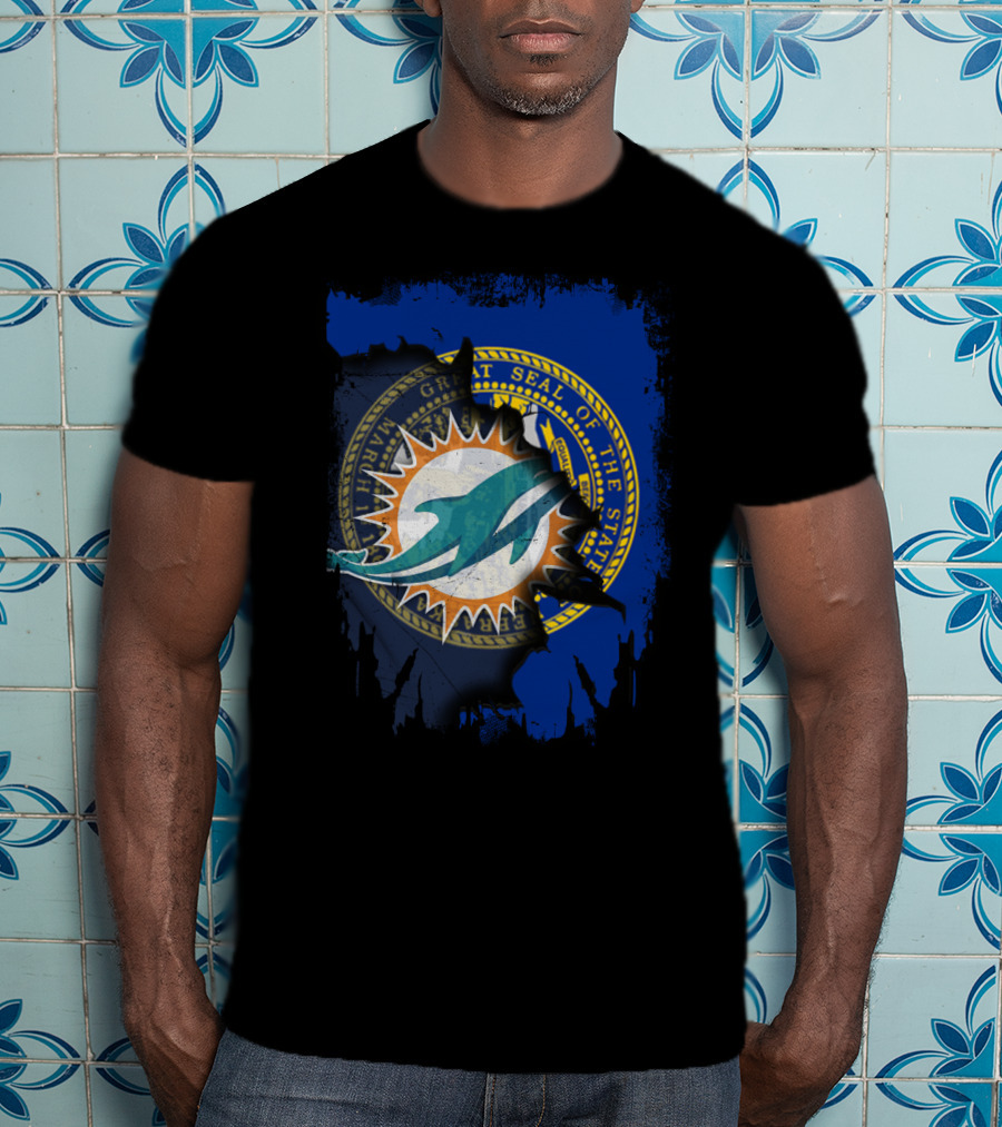 Great Seal Of Nebraska Meets Miami Dolphins Logo Composition T-Shirt