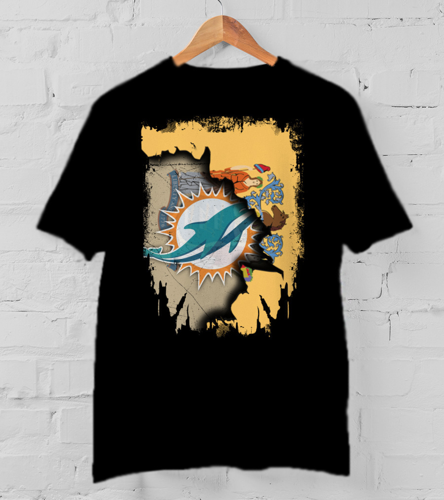 New Jersey Emblem With Miami Dolphins Logo Peeking Through T-Shirt