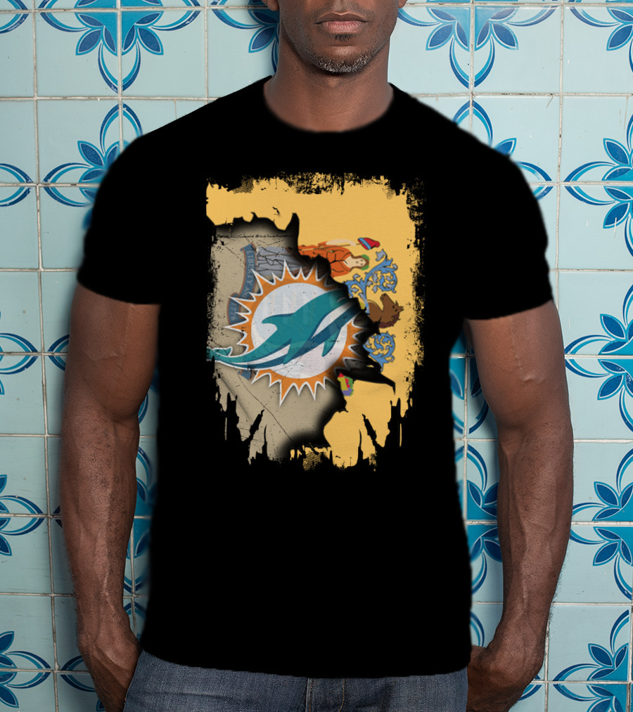 New Jersey Emblem With Miami Dolphins Logo Peeking Through T-Shirt