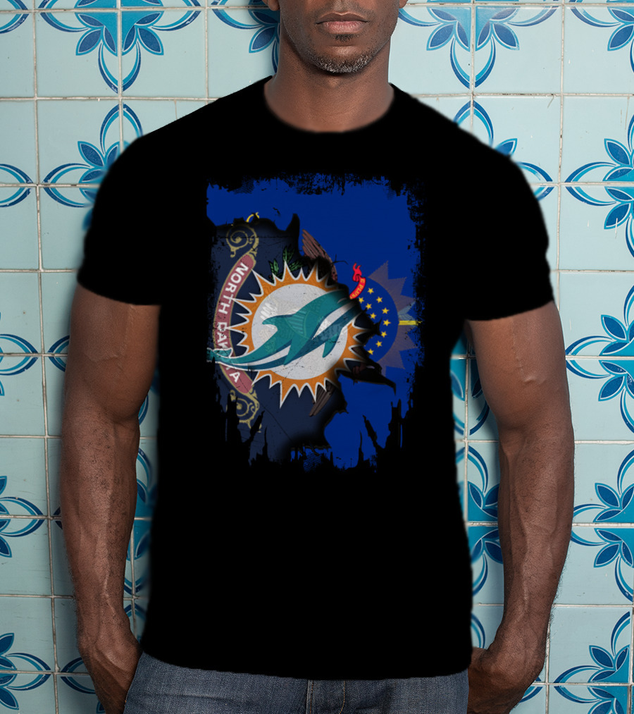North Dakota State Flag With Dolphins NFL Logo Fusion T-Shirt