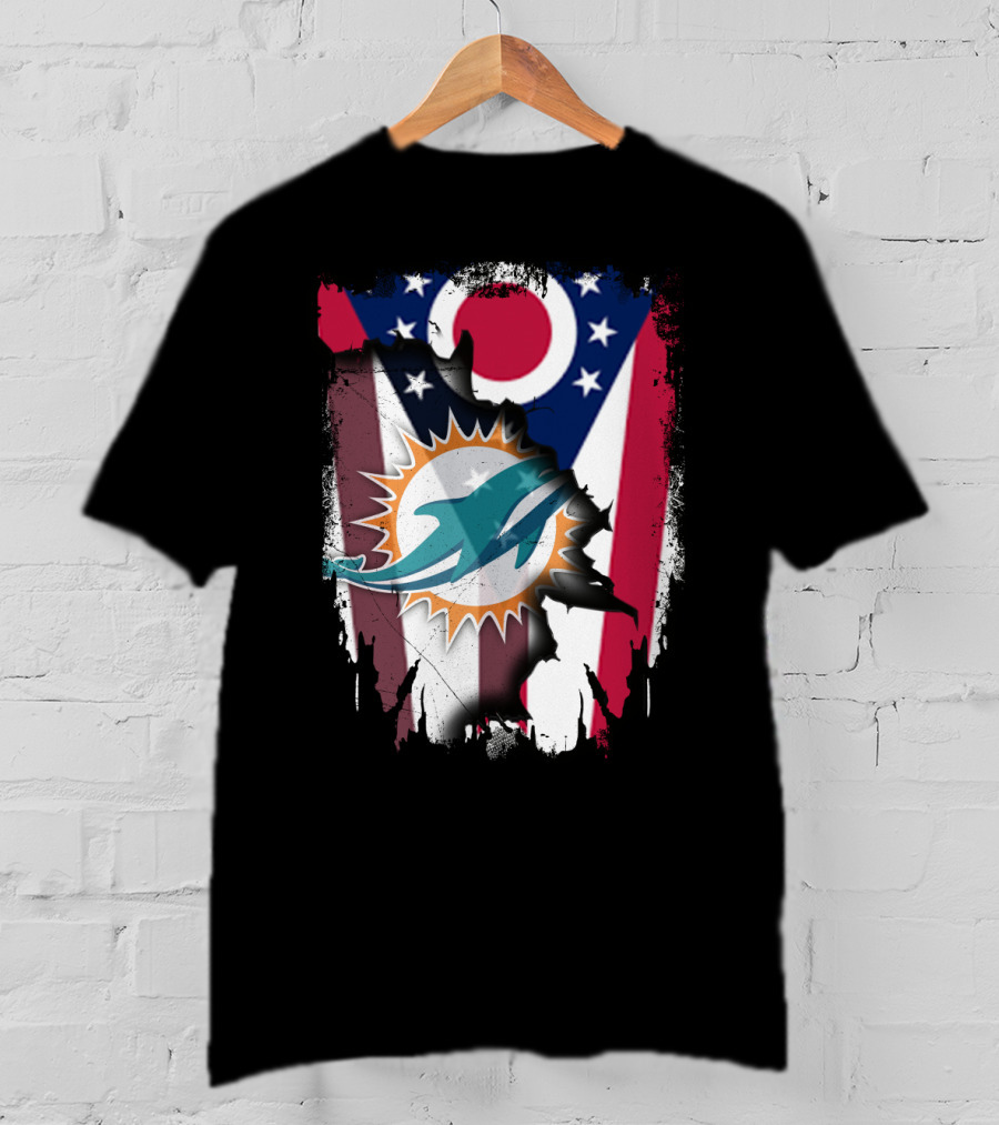 Ohio Flag Torn To Reveal Dolphins Logo Fusion T-Shirt