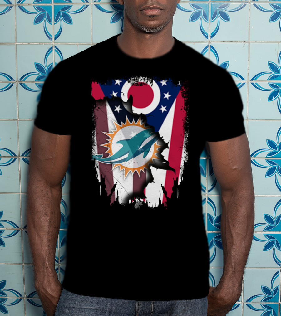Ohio Flag Torn To Reveal Dolphins Logo Fusion T-Shirt