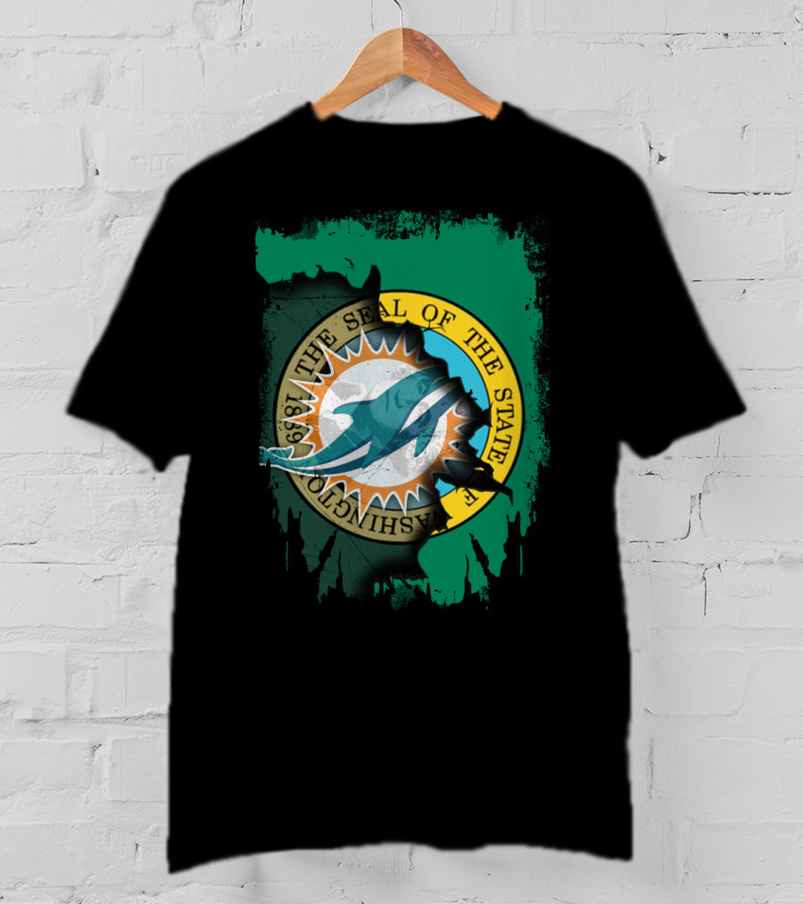 The Seal Of The State Of Washington Dolphins Logo Fusion T-Shirt