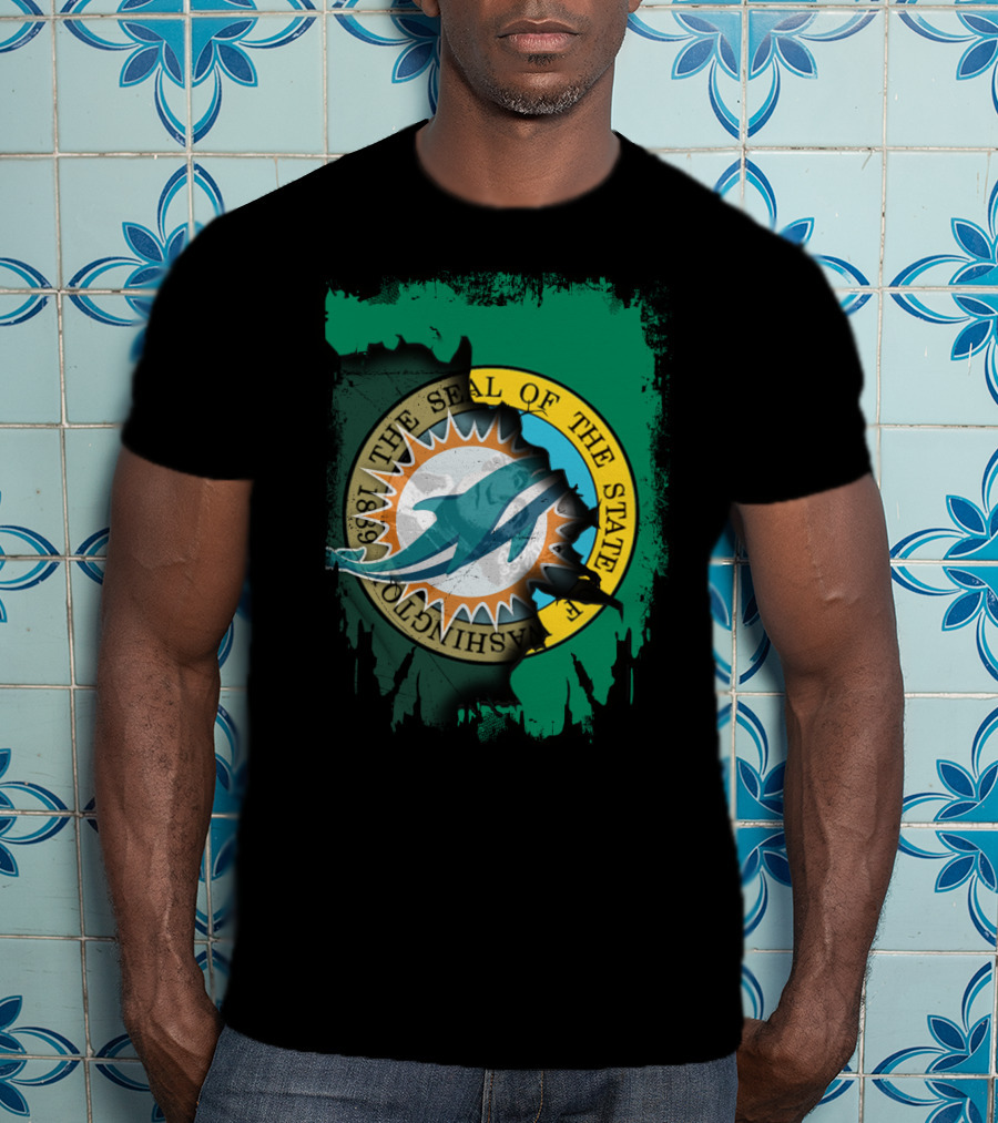 The Seal Of The State Of Washington Dolphins Logo Fusion T-Shirt