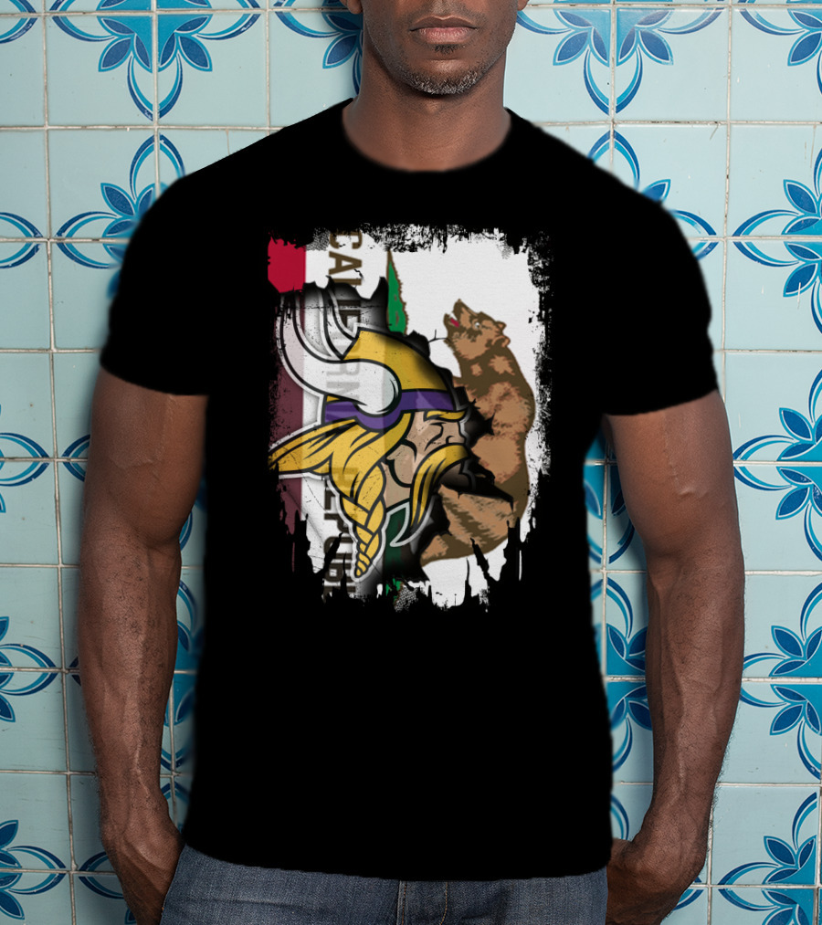 California Republic Viking Helmet Bear California Flag T-Shirt