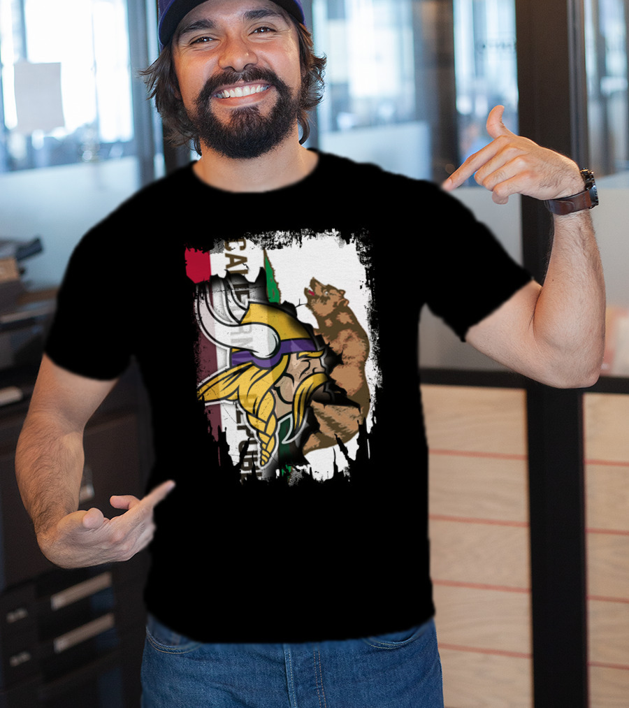 California Republic Viking Helmet Bear California Flag T-Shirt