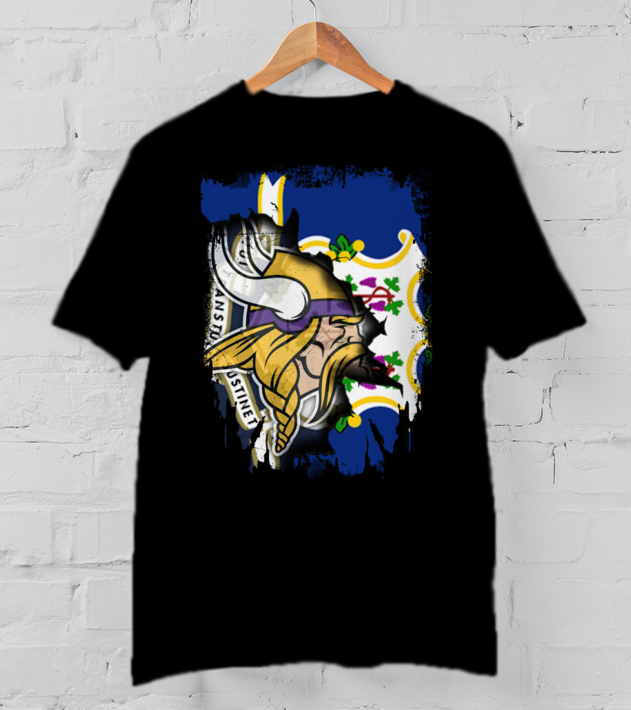 Connecticut State Flag Blended With Vikings Football Team T-Shirt