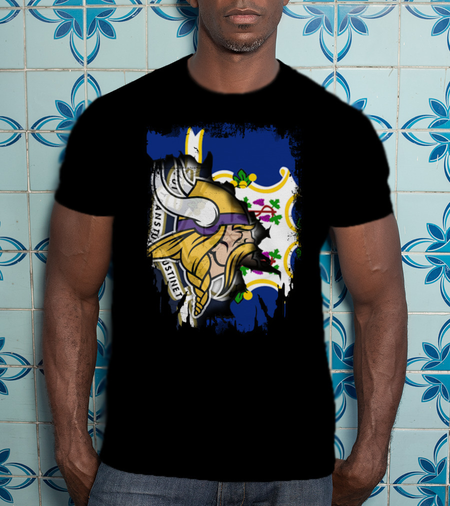 Connecticut State Flag Blended With Vikings Football Team T-Shirt