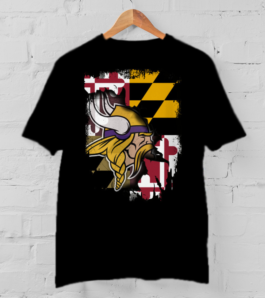 Vikings Helmet Art With Maryland Flag Background T-Shirt
