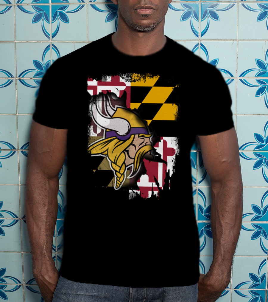 Vikings Helmet Art With Maryland Flag Background T-Shirt