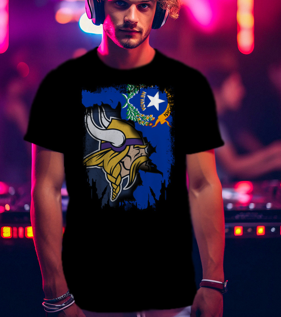 Nevada State Flag Meets Vikings Helmet Emblem T-Shirt
