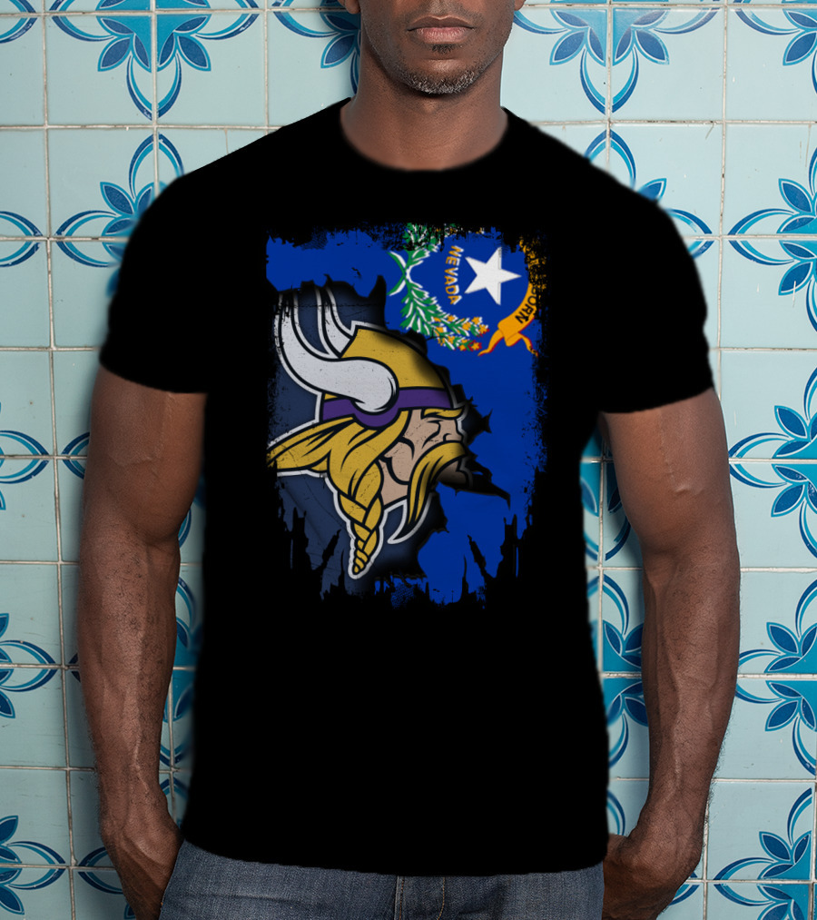 Nevada State Flag Meets Vikings Helmet Emblem T-Shirt