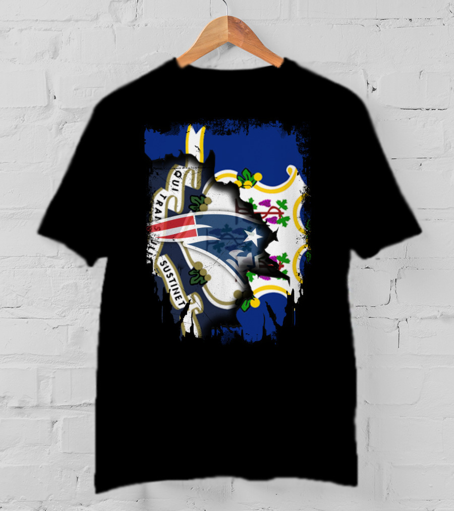 Connecticut State Flag With Patriots Logo And Qui Transtulit Sustinet T-Shirt