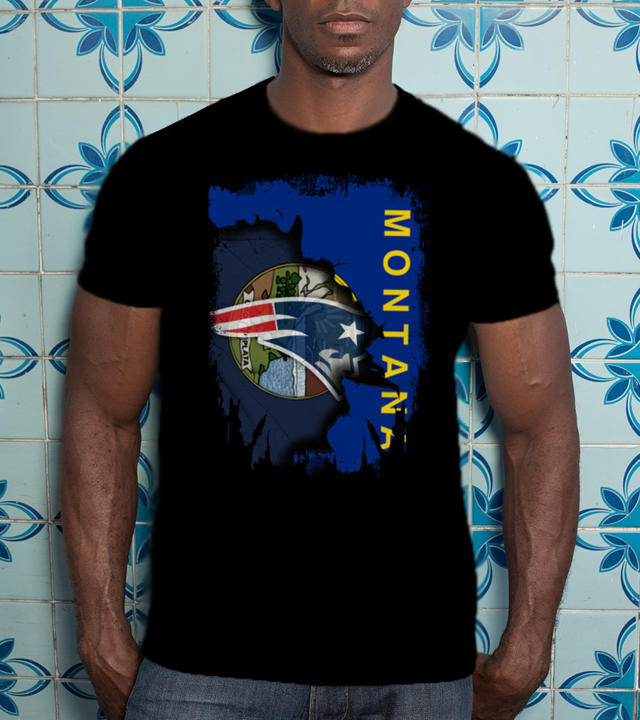 Montana State Flag With New England Patriots Logo Overlay T-Shirt